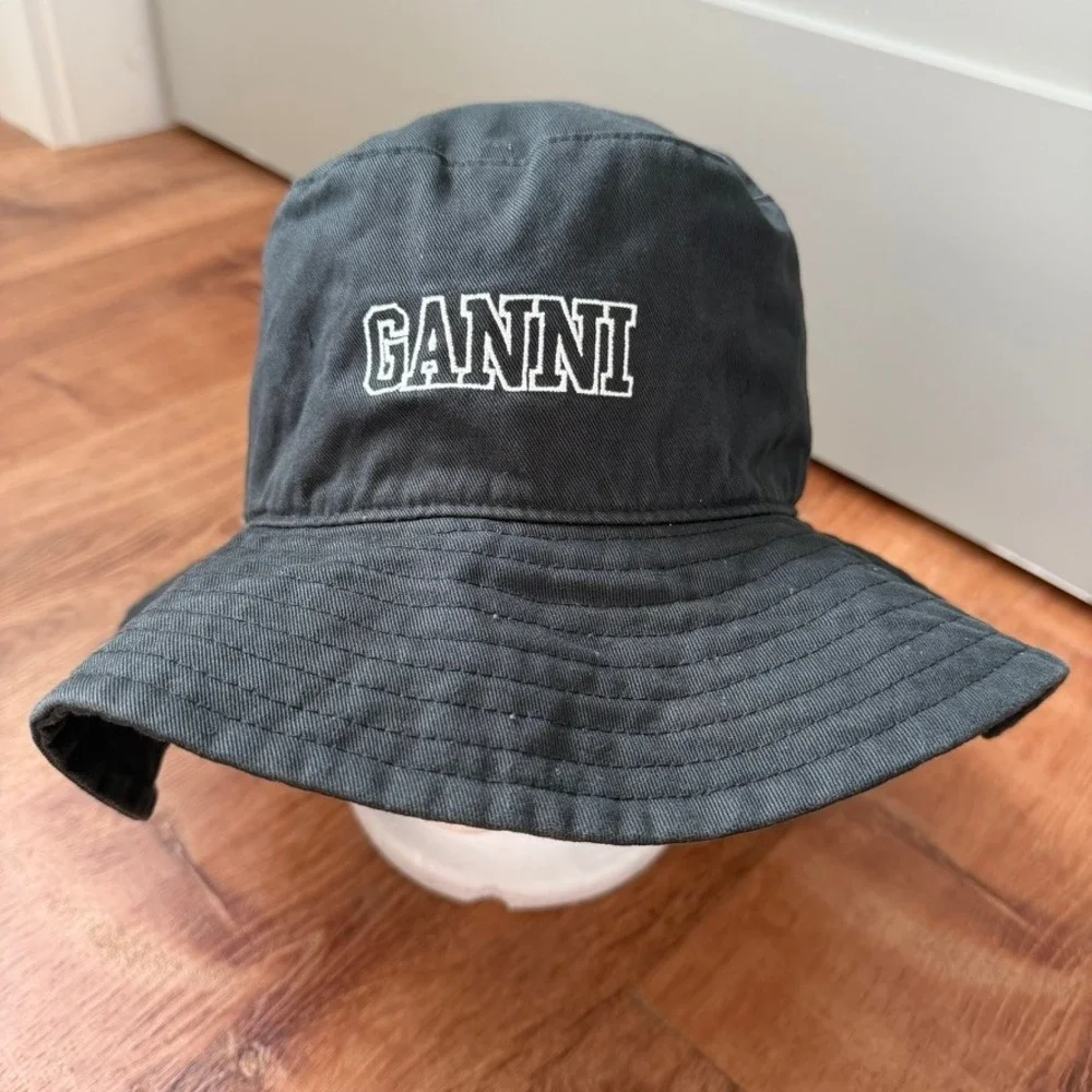 Ganni Bucket Hat Women M/L Black Embroidered Logo Cotton Twill Outdoor Beach
